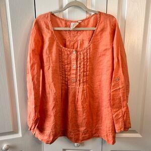 Nature Women’s Linen 3/4 Sleeve Scooped Neckline Pleated Front Blouse Coral XL